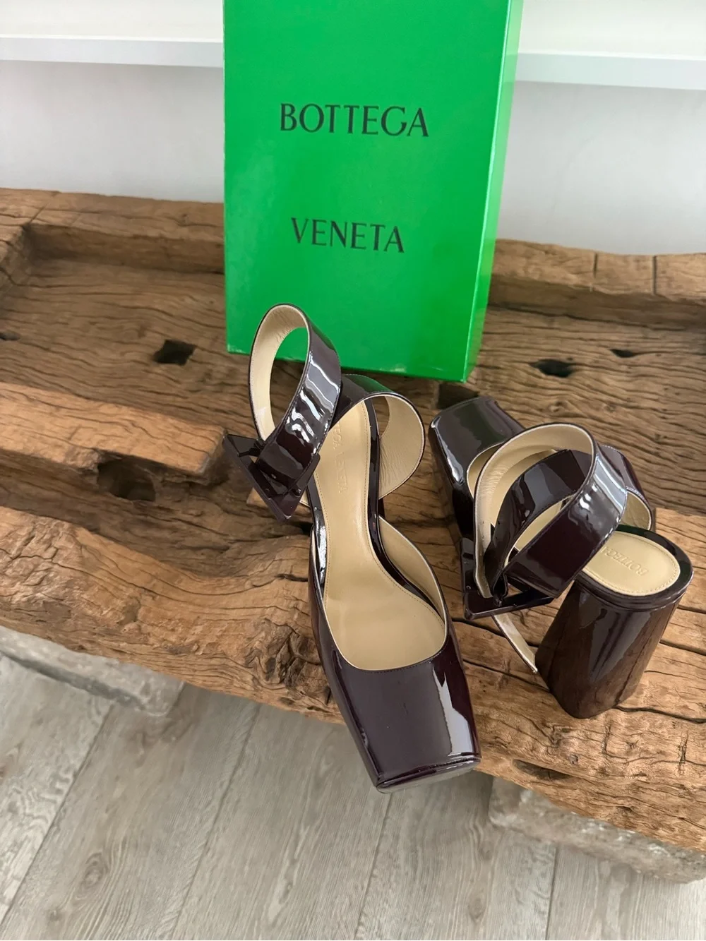 BOTTEGA VENETA Patent Platform Block Heel Ankle-Strap Pumps - Dark Brown